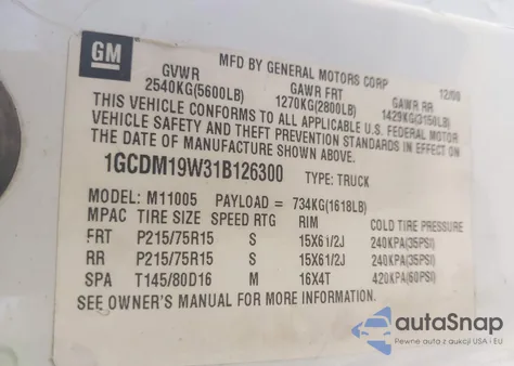 2001 Chevrolet Astro z USA, uszkodzony, nr VIN 1GCDM19W31B126300